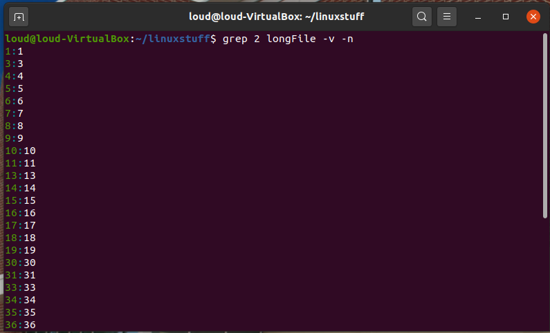 Linux Terminal - using the grep -v -n command